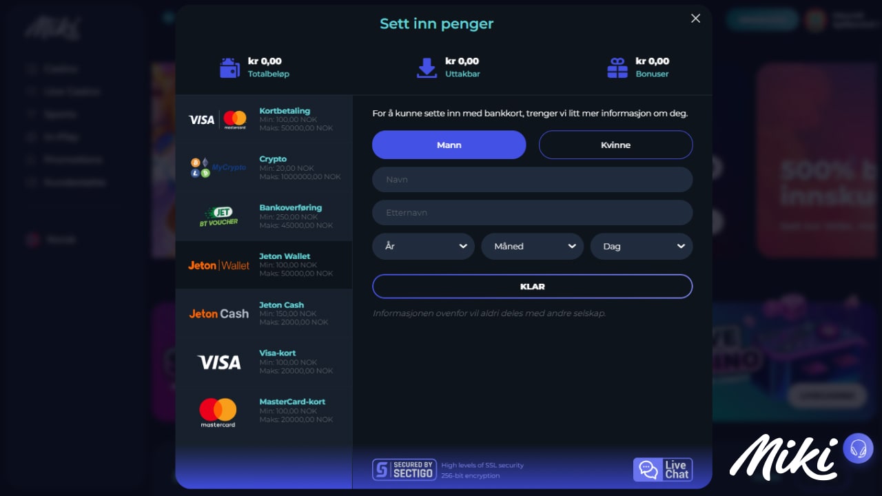Miki casino innskuddsmetoder